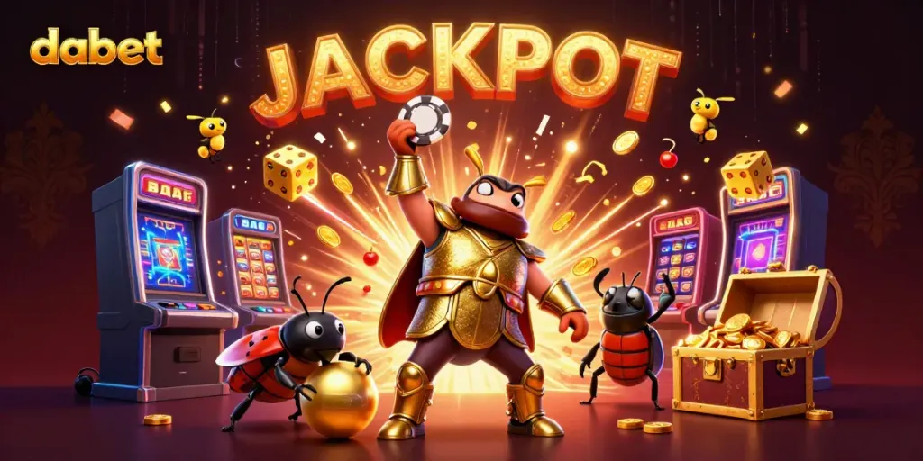 DABET brings excitement with a victorious beetle in golden armor lifting a poker chip in a vibrant casino scene.