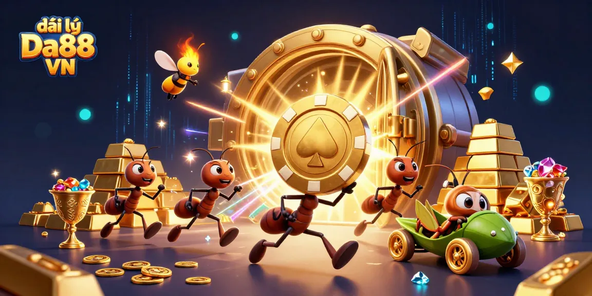 Engage with đại lý Da88 VN as playful ants orchestrate a heist for a giant poker chip.