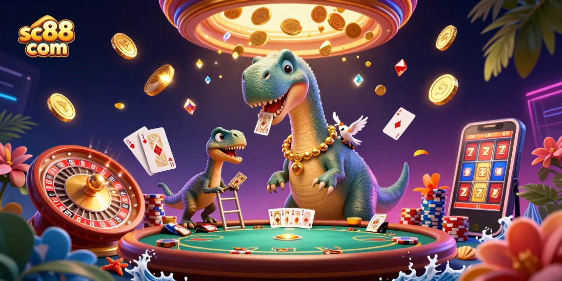 Engage at sc88 com with thrilling casino action featuring vibrant 3D illustration of a playful dinosaur dealer and dynamic slots.