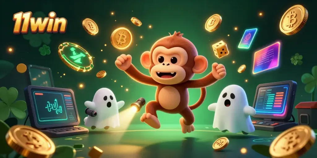 Experience winning action with 11win in a vibrant casino scene featuring playful characters.