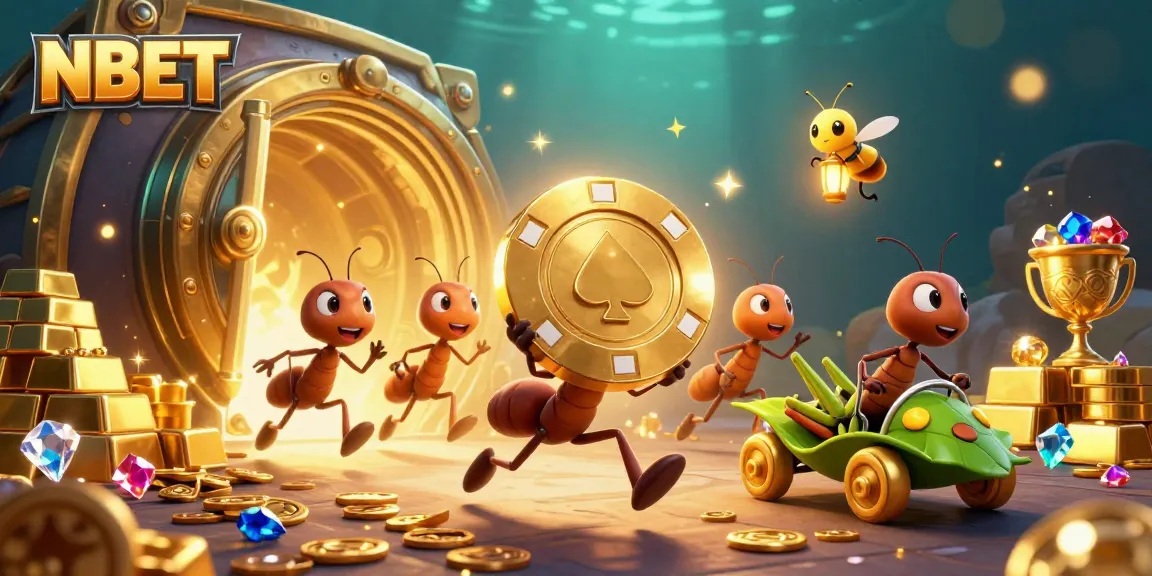 NBET heist scene with ants carrying a giant poker chip amidst gold treasures and gems.