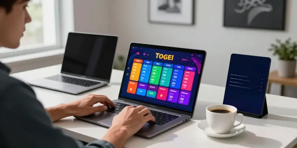 Jogador em mesa elegante usando o java toto em laptop, ambiente moderno e iluminado.