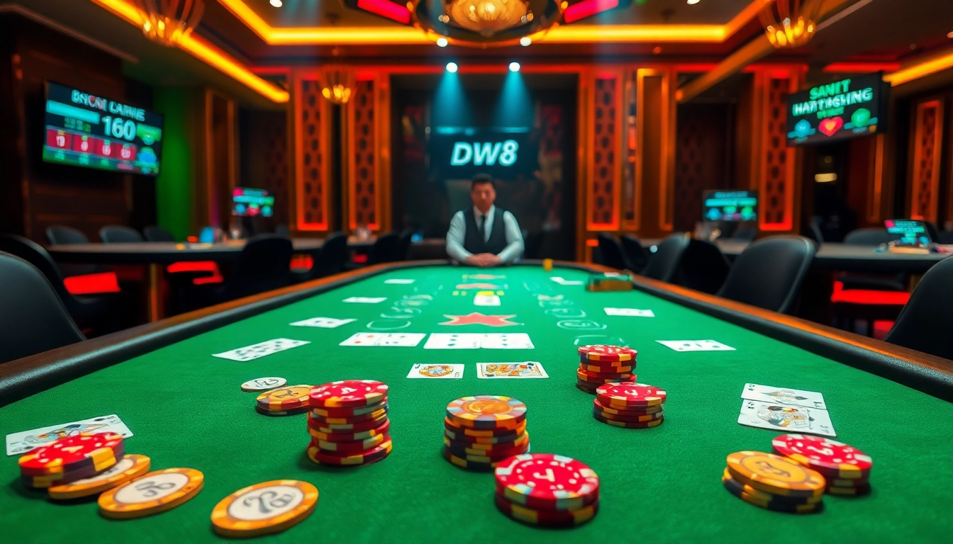 Engage in thrilling poker gameplay at DW8's premium gaming table, featuring vibrant cards and chips.