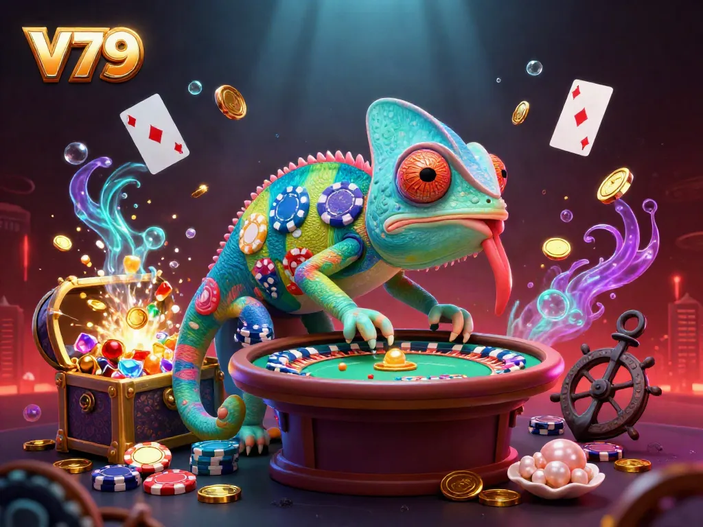 Experience the thrilling world of V79 with an animated chameleon casino owner in vibrant colors and gold coins.