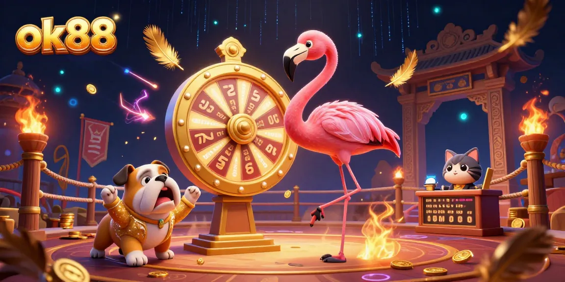 Spin the giant prize wheel with ok88 in an exciting casino scene featuring a flamingo host, bulldog contestant, and cat assistant.