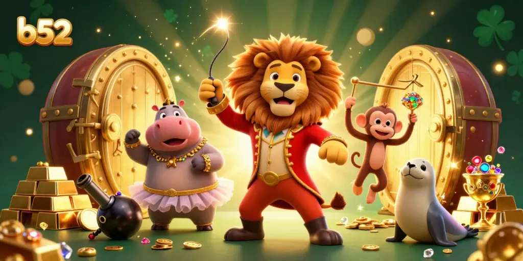 Engage in thrilling games at b52 with vibrant characters and golden treasures in this dynamic illustration.