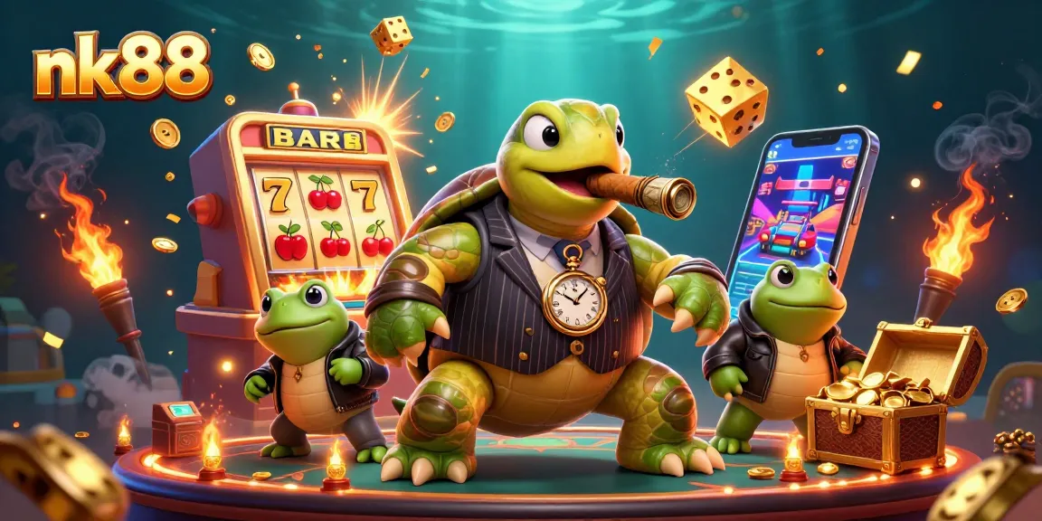 Experience thrilling jackpots with nk88 in this dynamic casino scene featuring a snapping turtle and bullfrog enforcers.