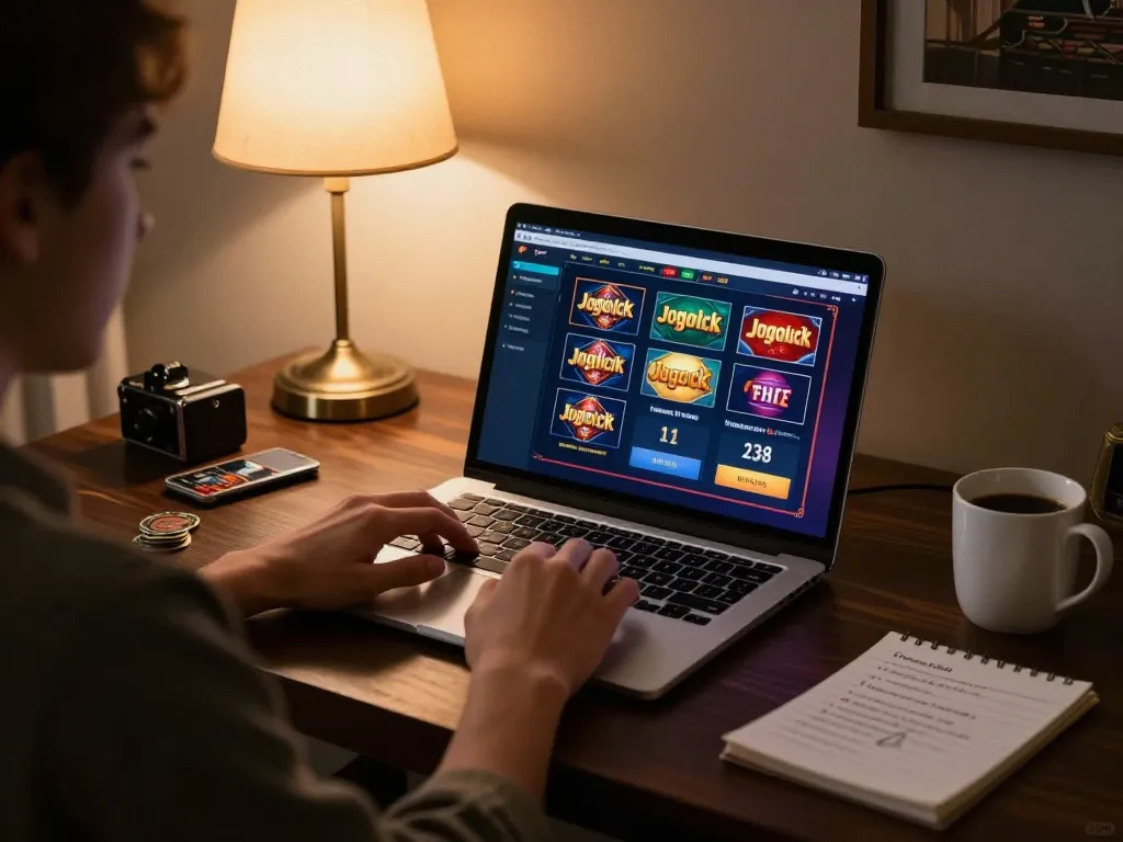 Player navigating the jogoluck online casino platform on a laptop, showcasing exciting gameplay.
