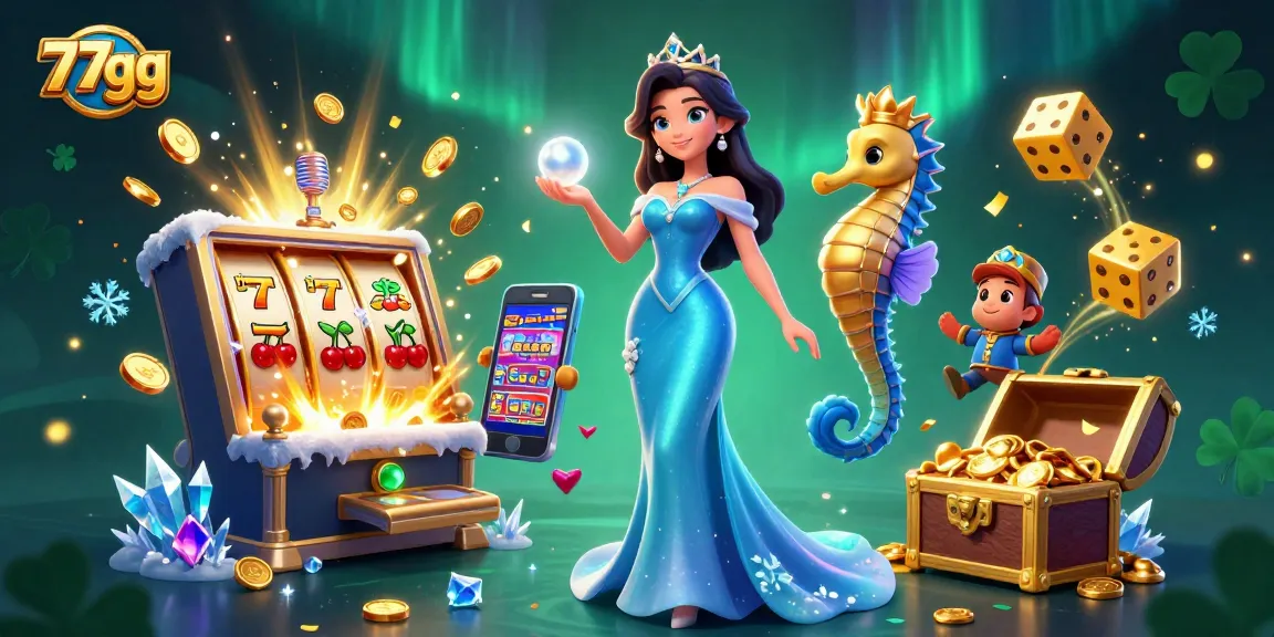 Engage with the exciting 77gg casino experience, featuring stunning visuals of a beautiful enchantress and a trident-wielding seahorse king amidst a slot machine jackpot explosion.