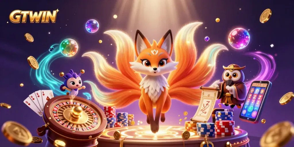 Experience the excitement of GTWIN casino gaming as vibrant orbs and characters dance amid dynamic winning elements.