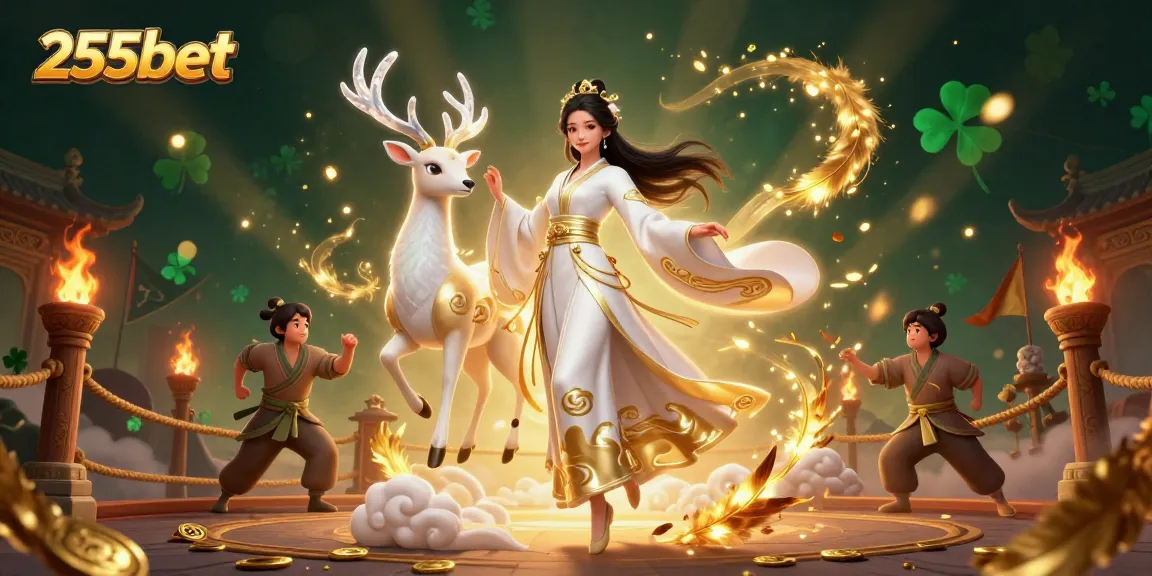 Gire e vença no 255bet, apresentando elementos vibrantes de cassino e um personagem moderno em hanfu.