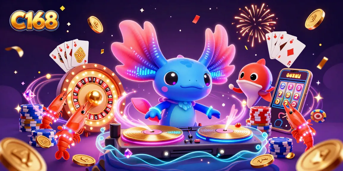 C168 features an axolotl DJ spinning casino-themed records with vibrant aquatic characters, showcasing winning vibes.