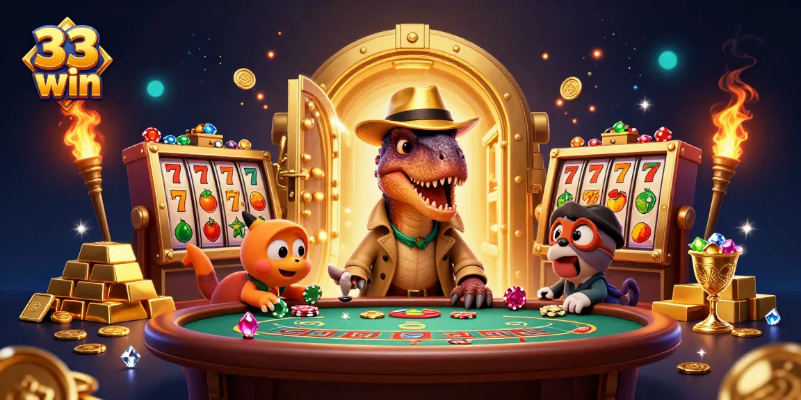 Experience thrilling gameplay with a 3D velociraptor at a blackjack table in this vibrant 33 win illustration.