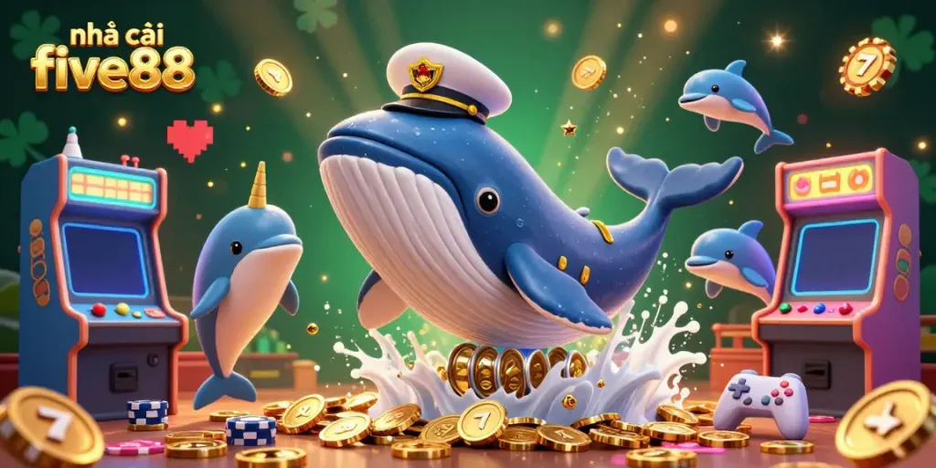 Engaging scene featuring nhà cái five88 with a 3D whale, narwhal, and dolphins around vibrant gaming elements.