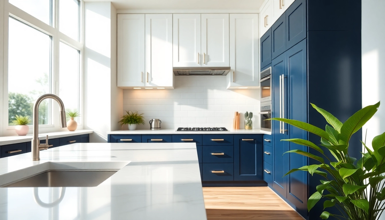 Cabinet Refacing Clearwater FL showcased in a modern kitchen with elegant white and navy cabinets.