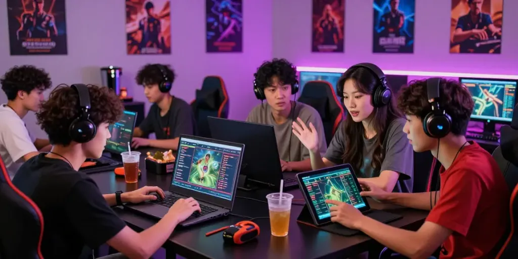 Group of young adults enjoying online gaming and betting experiences at a vibrant lounge, showcasing nbet activities.