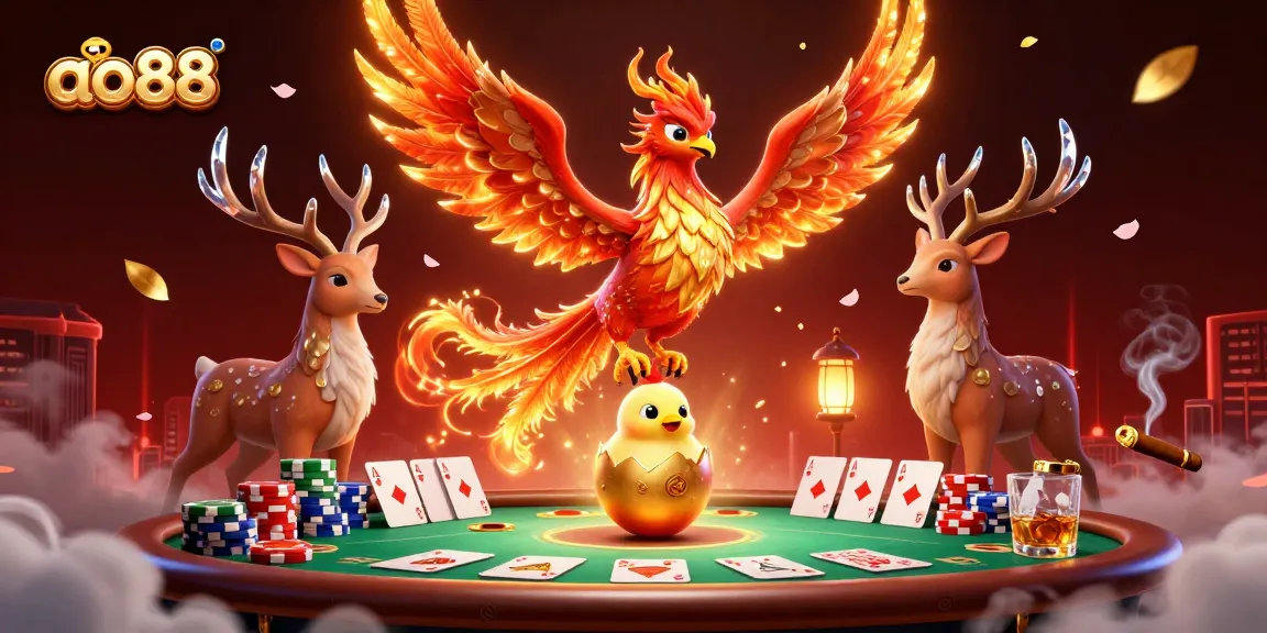 Experience thrilling gaming at ao88, featuring vibrant phoenix and rich poker elements in a dynamic casino scene.