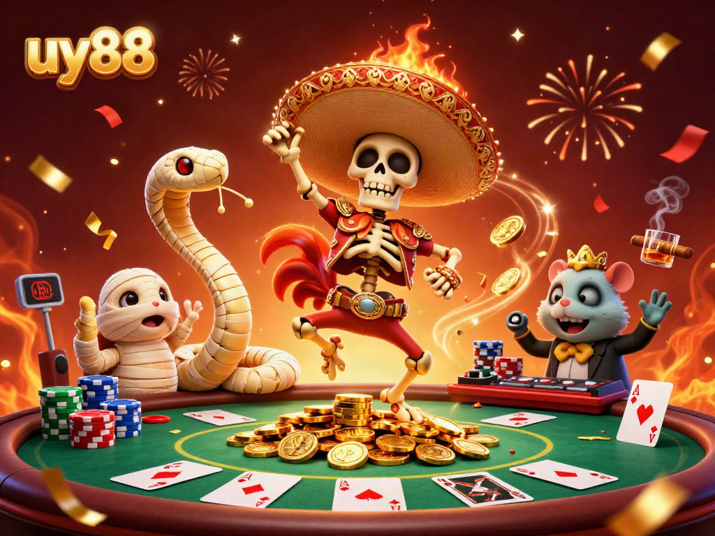 uy88 celebrates victory with colorful characters around poker action and casino elements.