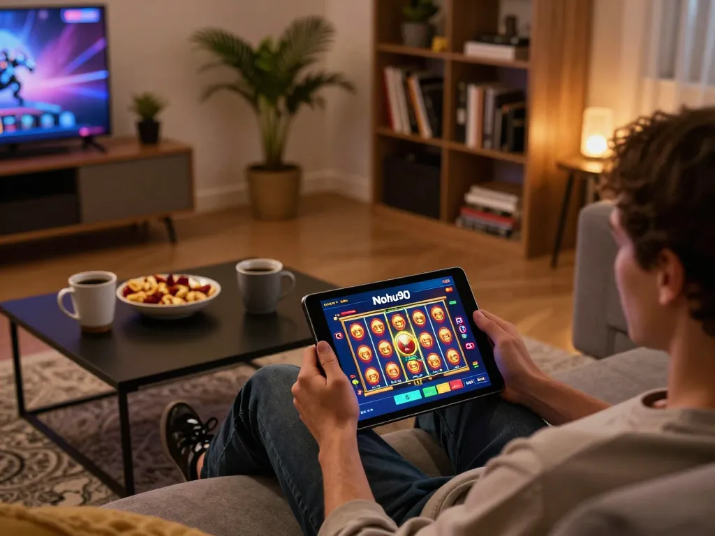 Nohu90 user engaged in online slot gaming on tablet in cozy home setup