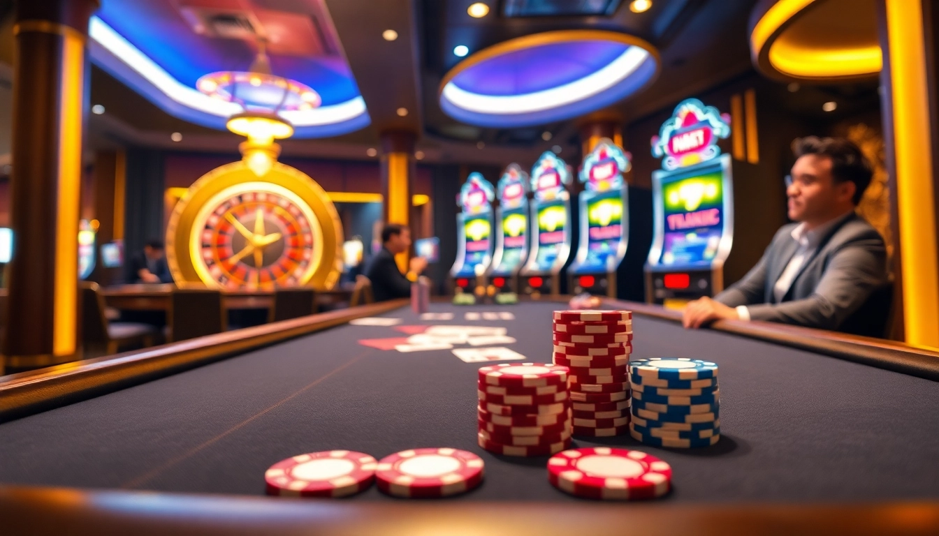 Thrilling F88BET gambling scene with luxurious poker table, chips, and roulette wheel.