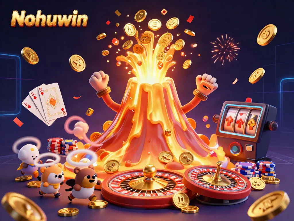 Nohuwin: Erupting golden volcano showering players with treasure and casino excitement in 3D.