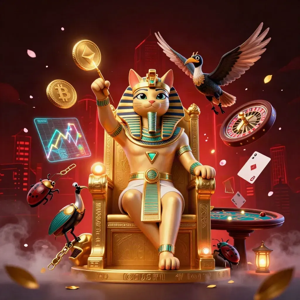 Gato faraó em trono dourado com ibis e besouros, moedas cripto e luz rubi em clima luxuoso.