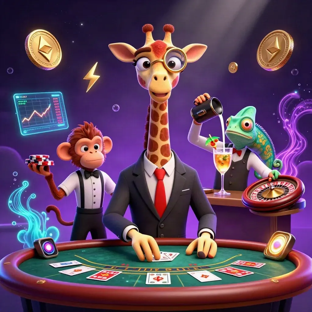 Girafa, macaco e camaleão em mesa VIP com moedas cripto, luz neon e clima luxuoso.