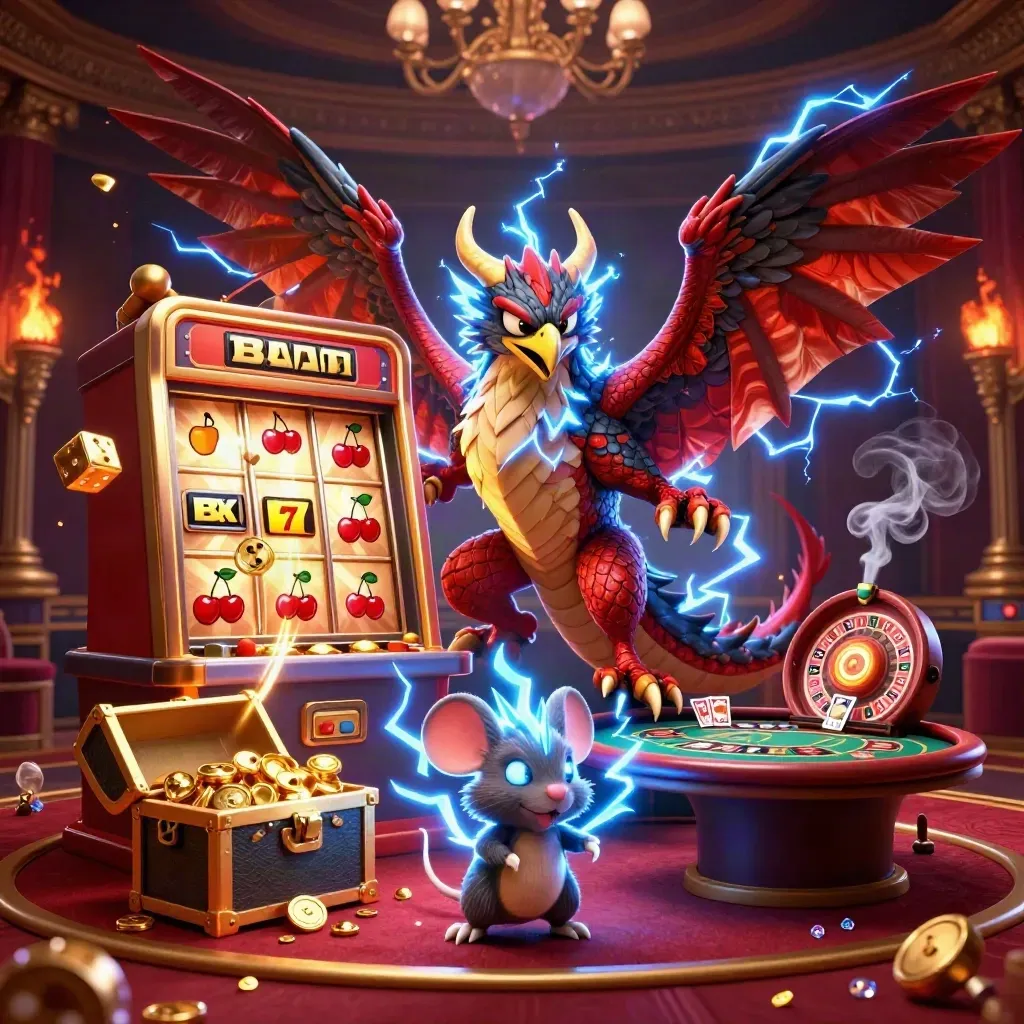 Dragão, falcão e rato elétrico num cassino luxuoso com slot, ouro e luz dramática.