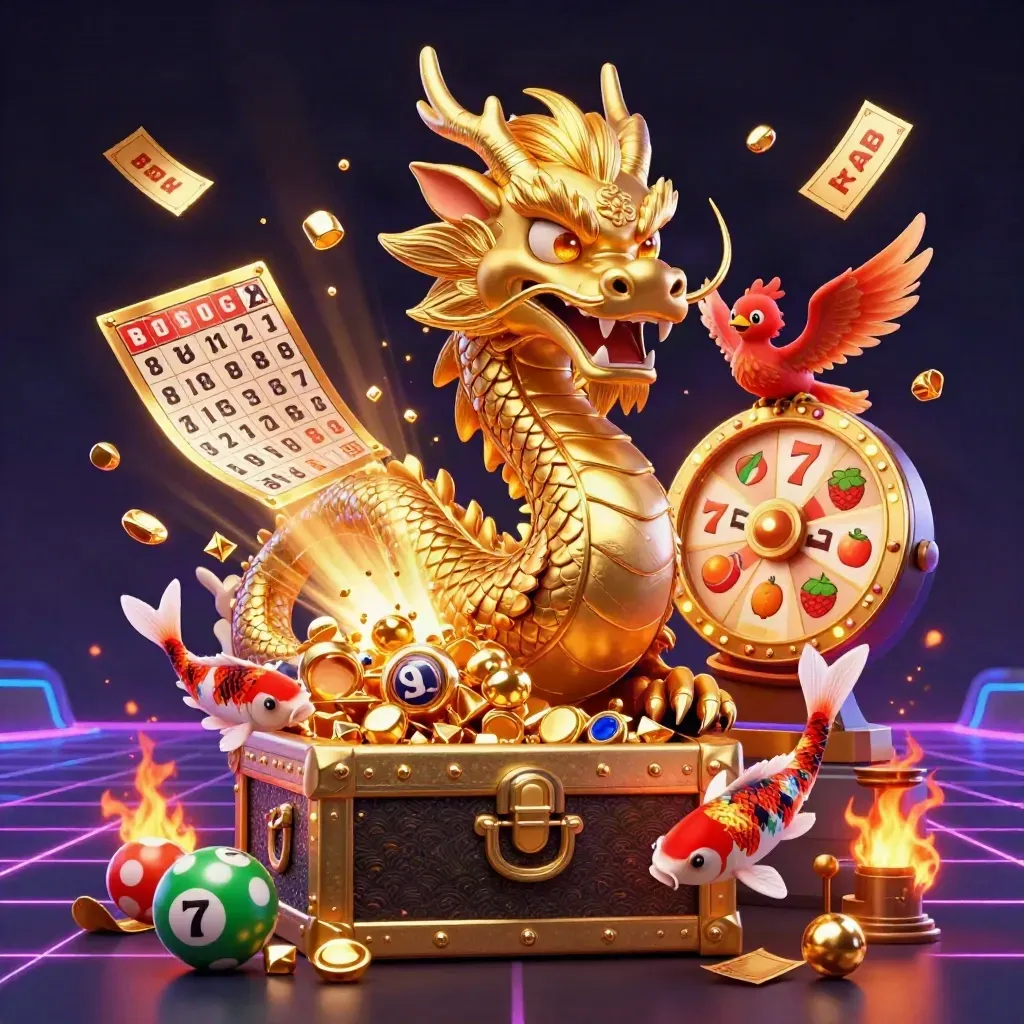 Dragão dourado com fênix, koi, tesouro e efeitos neon em fundo escuro