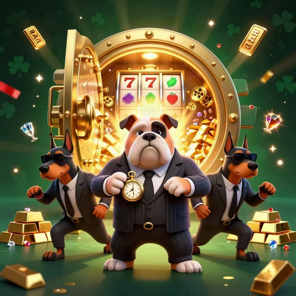 Bulldog mafioso e dois dobermans cercados por ouro, cofres, faíscas e luzes em cassino luxuoso.