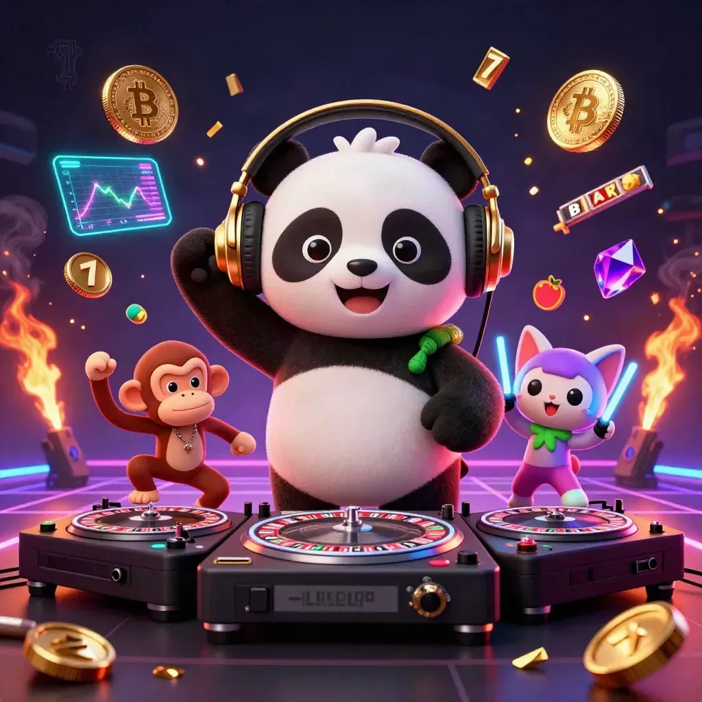 Panda DJ, macaco dançando e gatinho rave entre moedas, raios e fumaça neon.