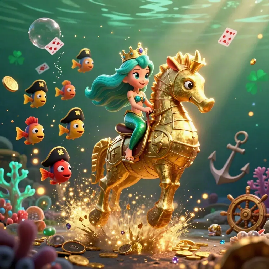 Princesa sereia em cavalo-marinho dourado, com peixes piratas e tesouros submersos brilhando.