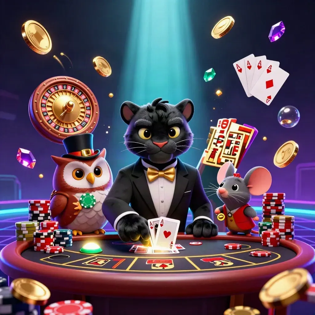 Pantera, coruja e rato celebrando com moedas, cartas e roleta em cassino neon.