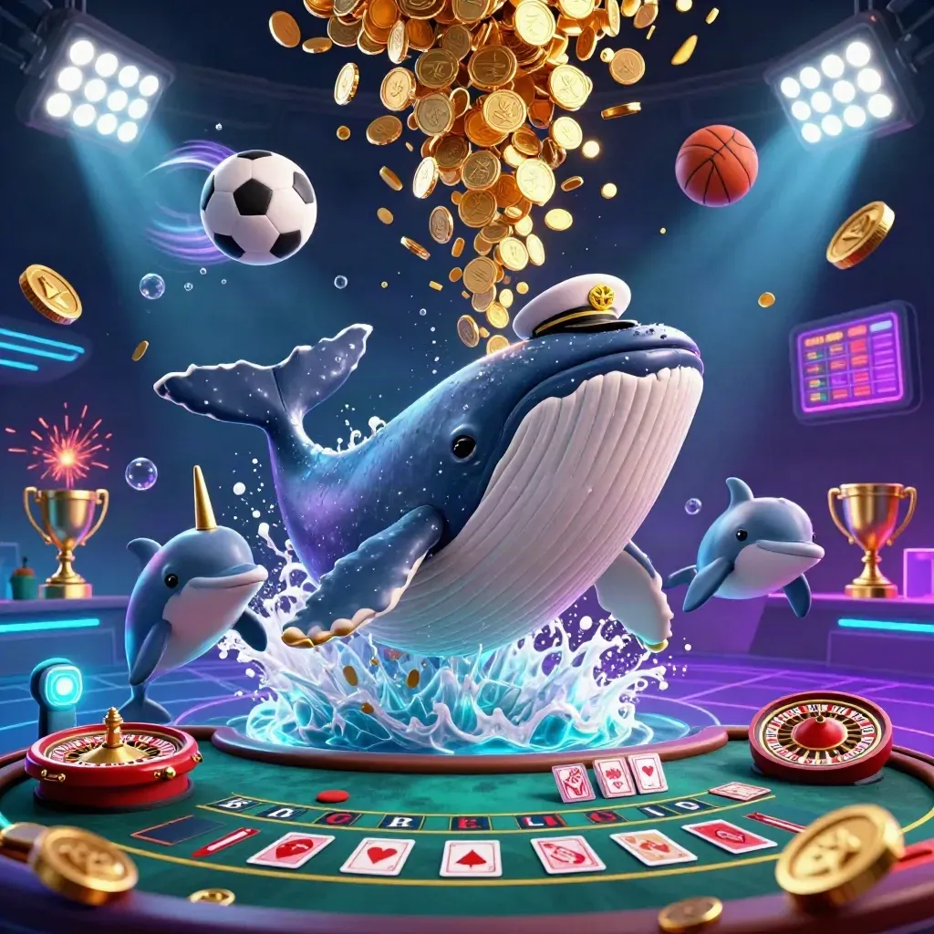 Baleia capitã, narval e golfinhos saltando entre moedas, roleta e luz neon.