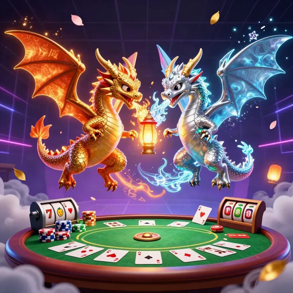Dois dragões 3D em yin-yang, com cartas, fichas, slot reels e neon escuro.