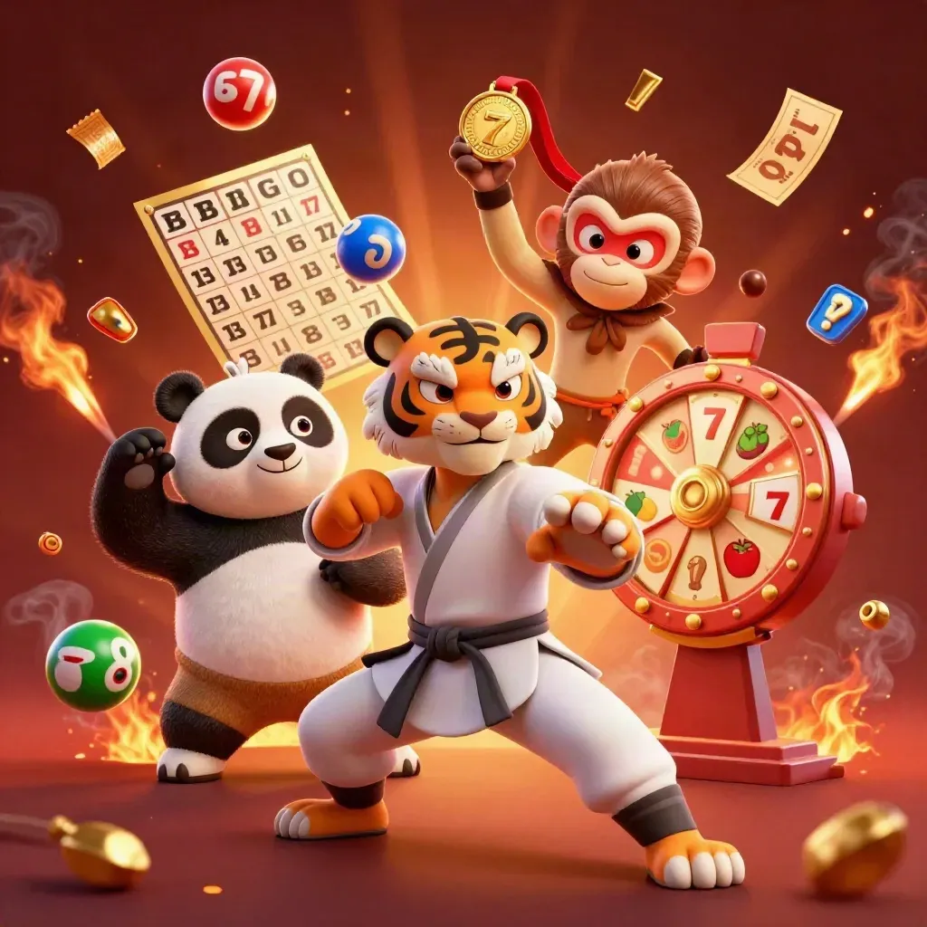 Tigre mestre, panda e macaco com roleta, bolas e brilho de cassino em tons rubi e dourado.