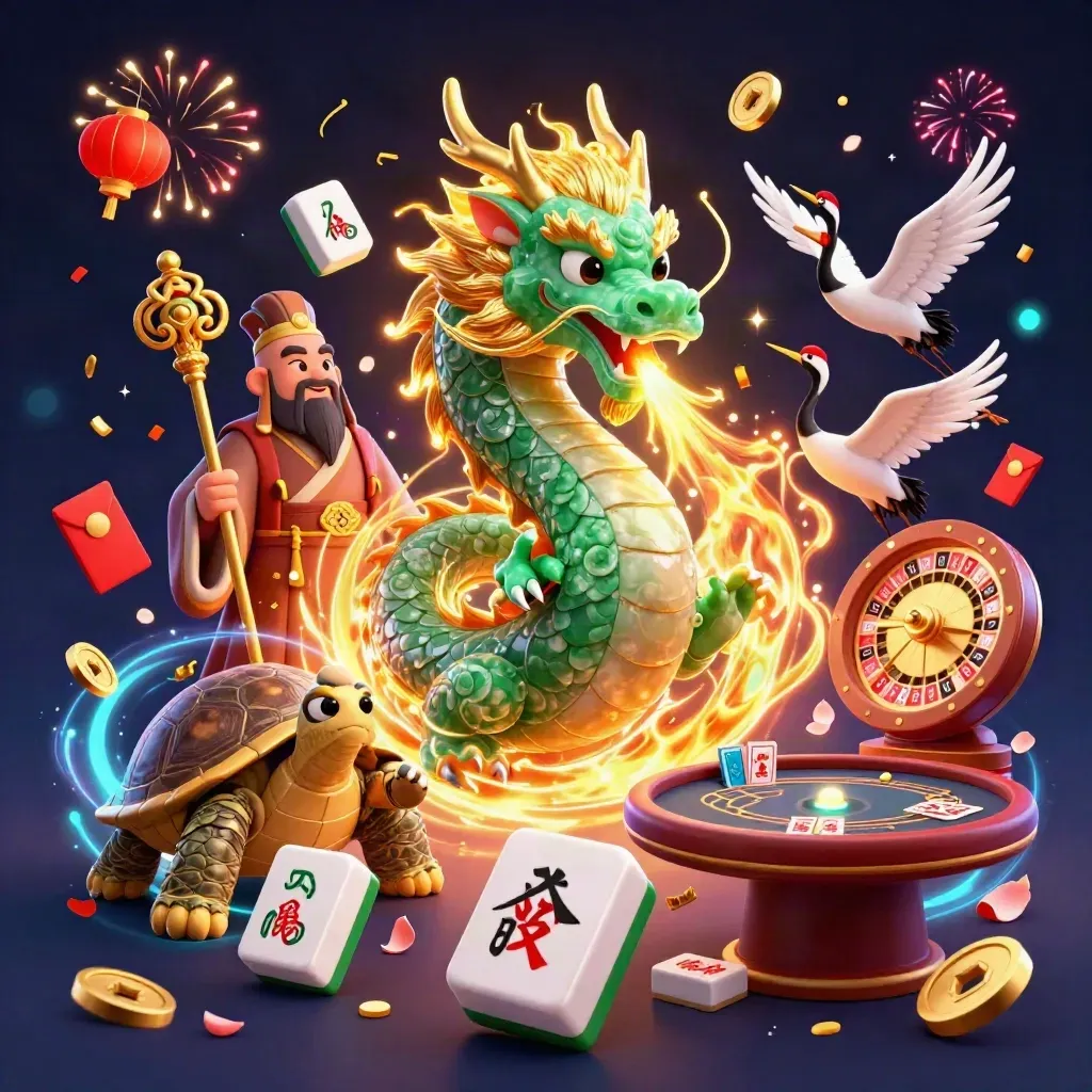 Dragão jade, tartaruga sábia e grous com cartas, moedas e luzes de cassino.