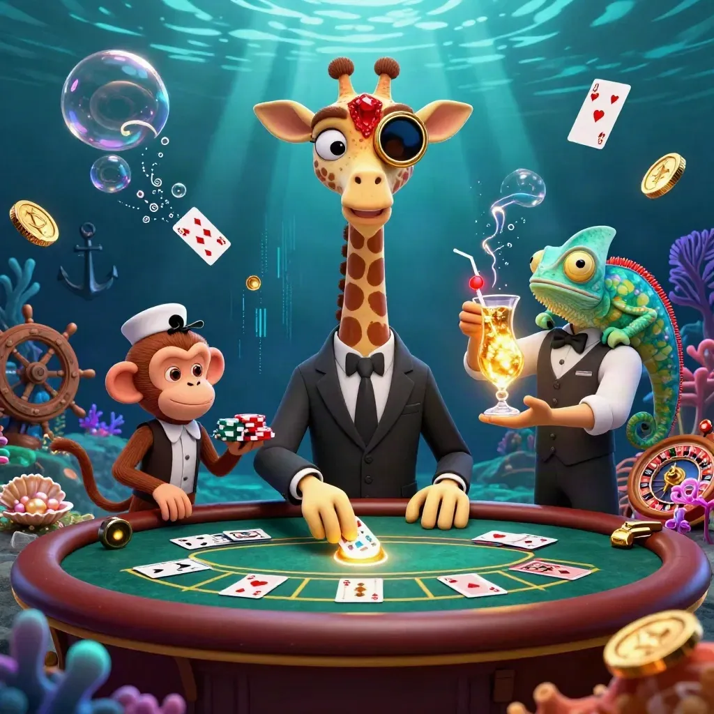 Girafa, macaco e camaleão em cassino subaquático com ouro, cartas e luz neon.