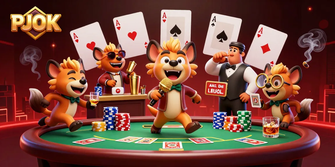 Experience vibrant gaming fun at PJOK with hyenas in a lively casino scene.