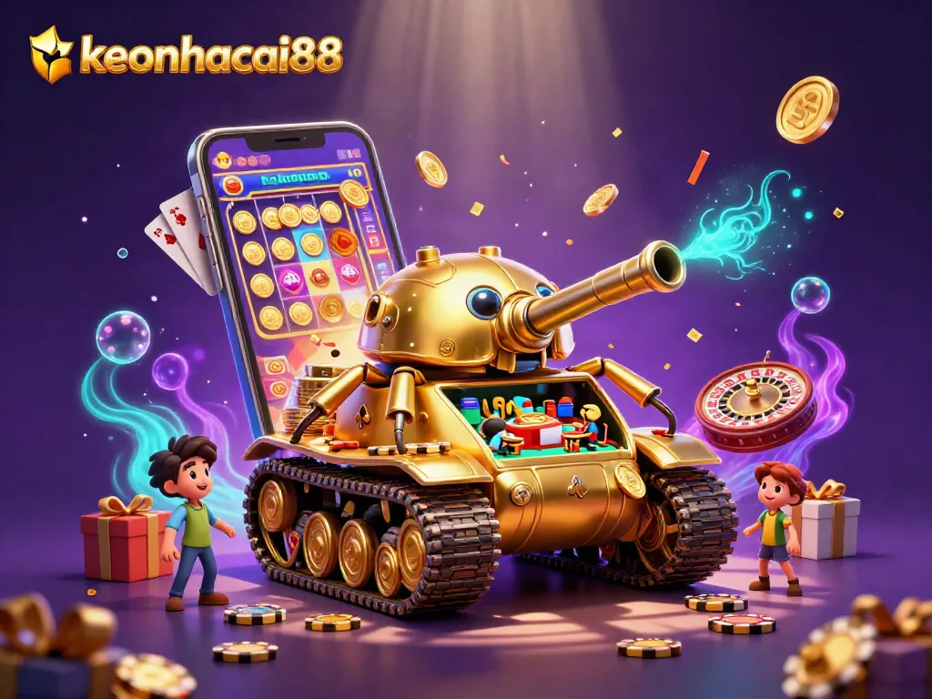Experience the excitement of keonhacai88 with a vibrant, intricate casino scene featuring a golden beetle tank and slot games.