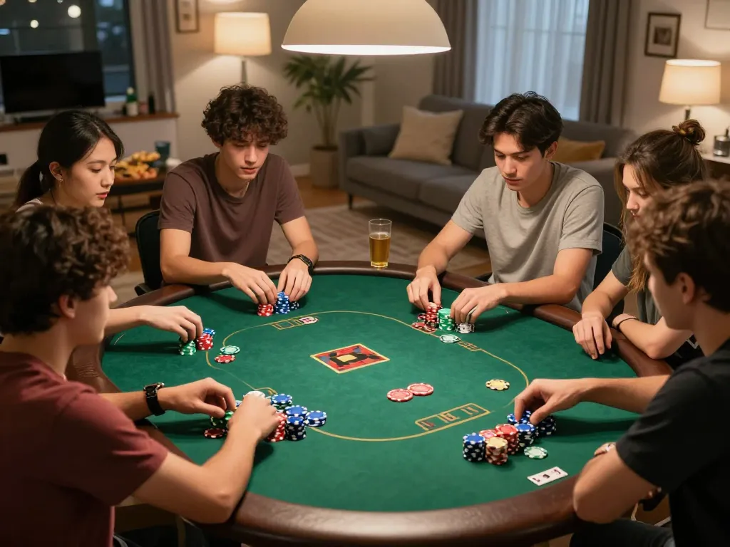 Friends enjoy an exciting poker night at home while playing 688v, focusing on strategy and fun.