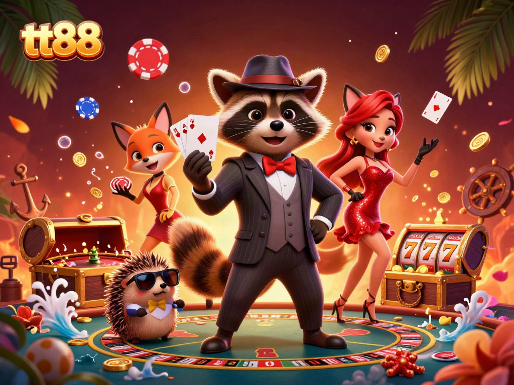 Experience thrilling moments with tt88 as raccoon, fox, and hedgehog engage in a vibrant casino scene.