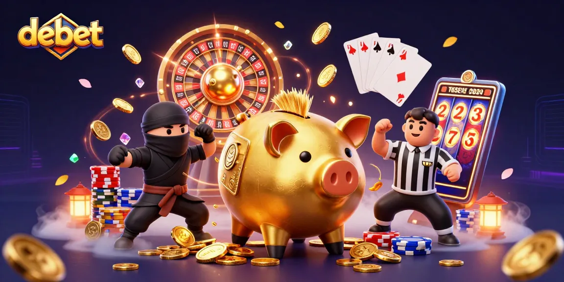 Engage with the debet gaming experience featuring a golden piggy bank sumo wrestler and dynamic casino elements.