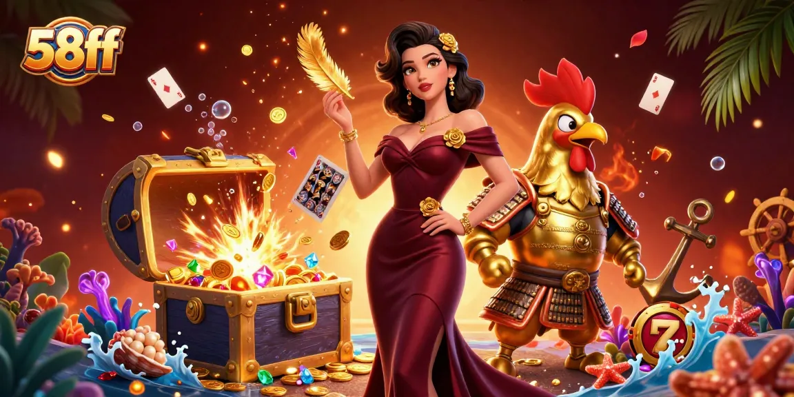 Experience casino excitement with 58ff's glamorous illustration, showcasing vibrant gaming elements and engaging characters.