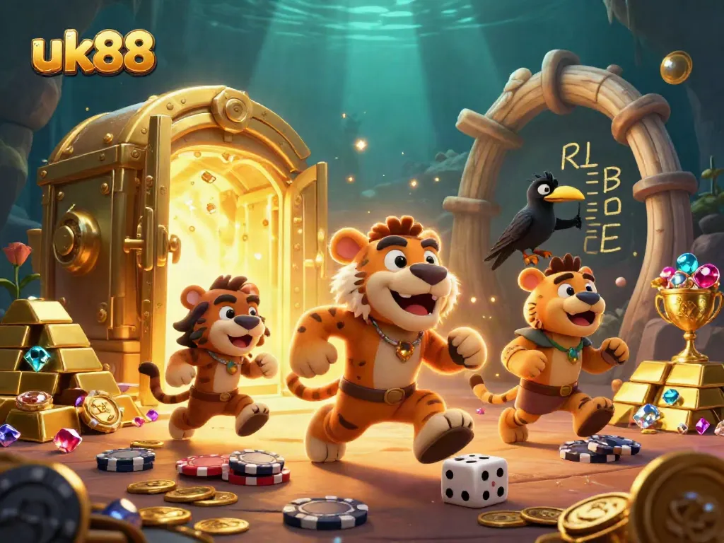 Engage with uk88 in a lively prehistoric casino illustration filled with gems, gold, and thrilling animated scenes.