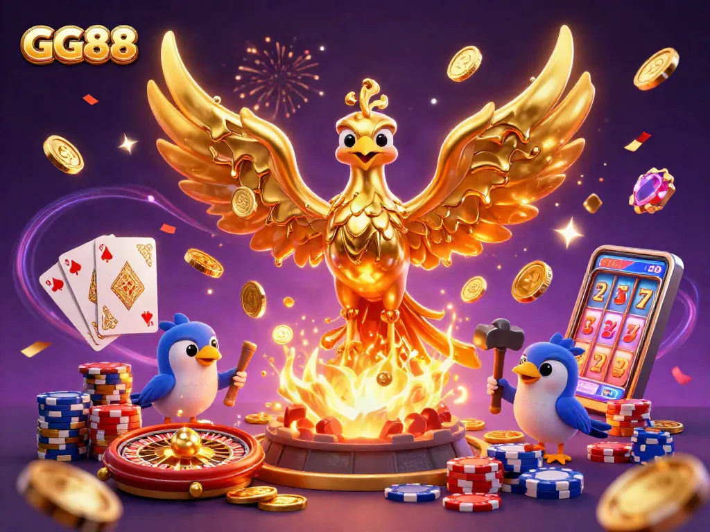 Engage in thrilling gaming adventures with GG88's vibrant 3D casino scene featuring golden elements.