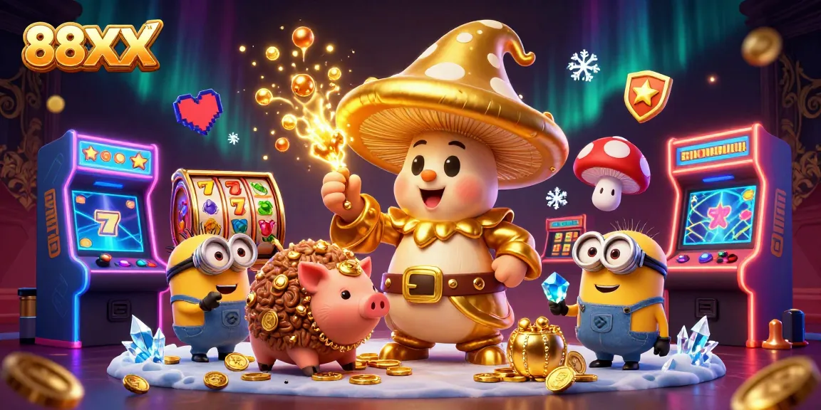Experience the magic of 88XX with a golden wizard, treasure-hunting pig, and vibrant slot gaming elements.