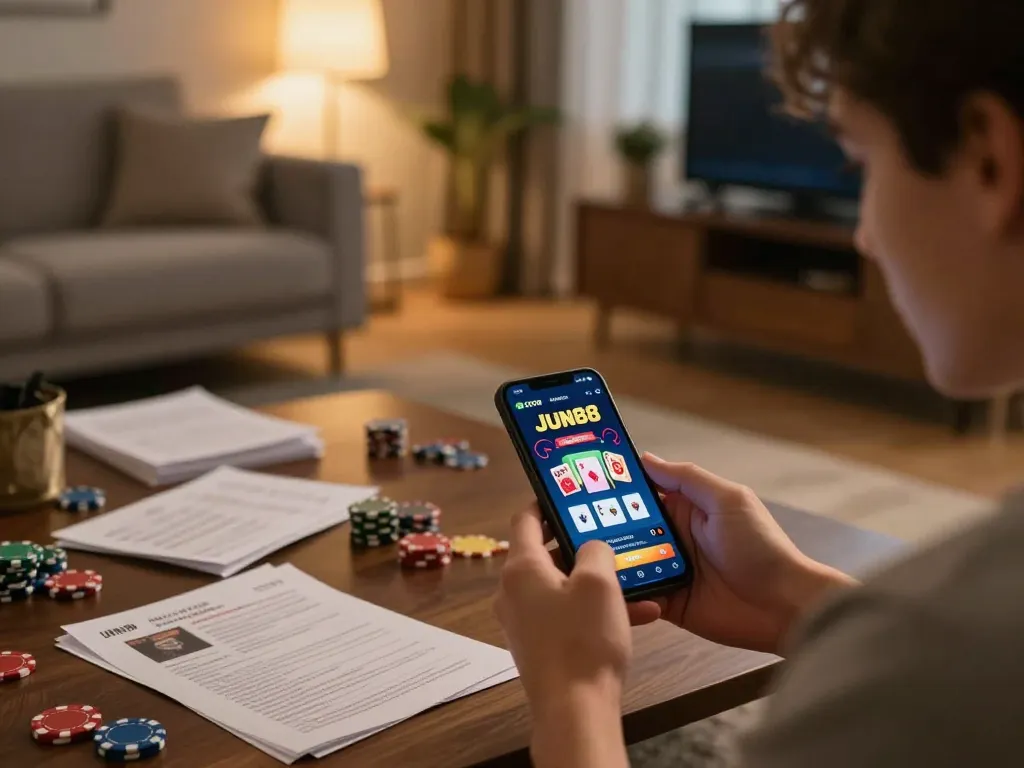 Player exploring Jun88 casino app for strategic bets in a cozy living room setting.