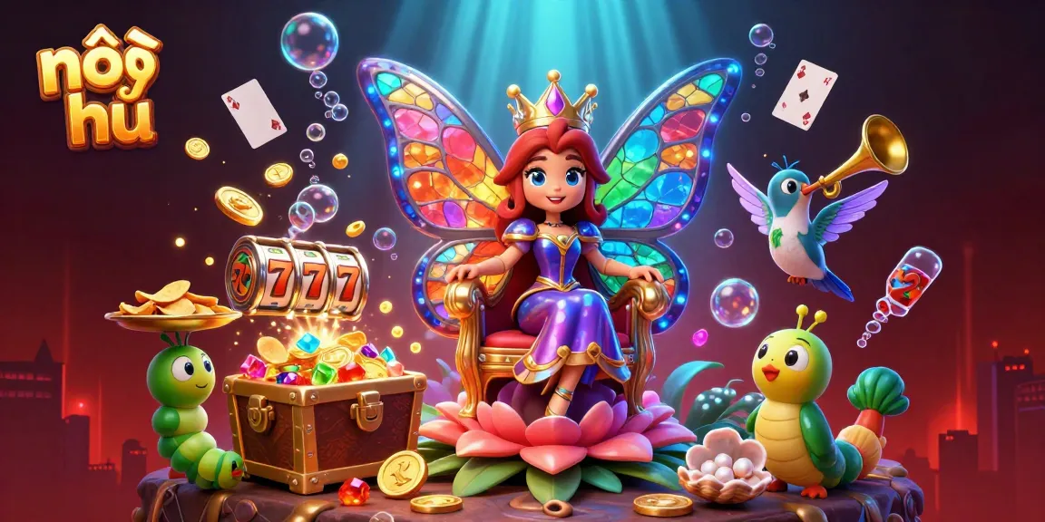 Nổ hũ reels spinning with golden coins and a colorful butterfly queen in a vibrant casino scene
