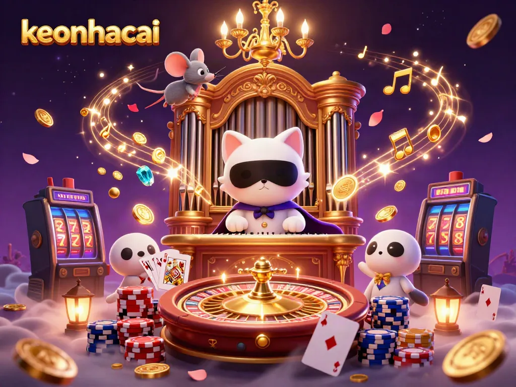 Engage with keonhacai through dynamic casino elements and whimsical characters in an enchanting illustration.